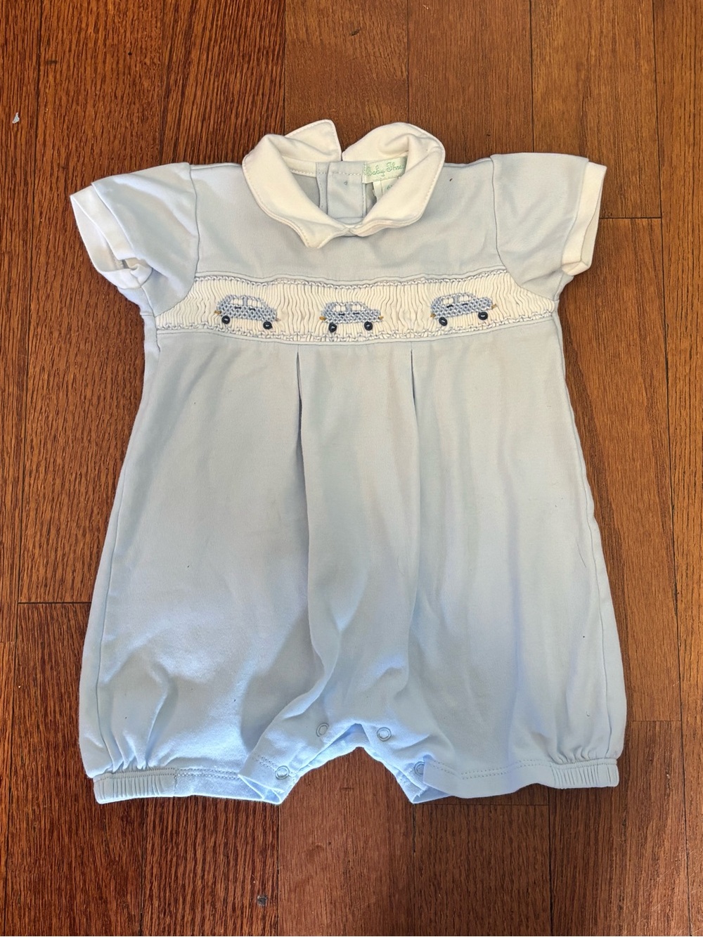 Baby Blue Short-Sleeve One-Piece Bodysuit with Car Smocking